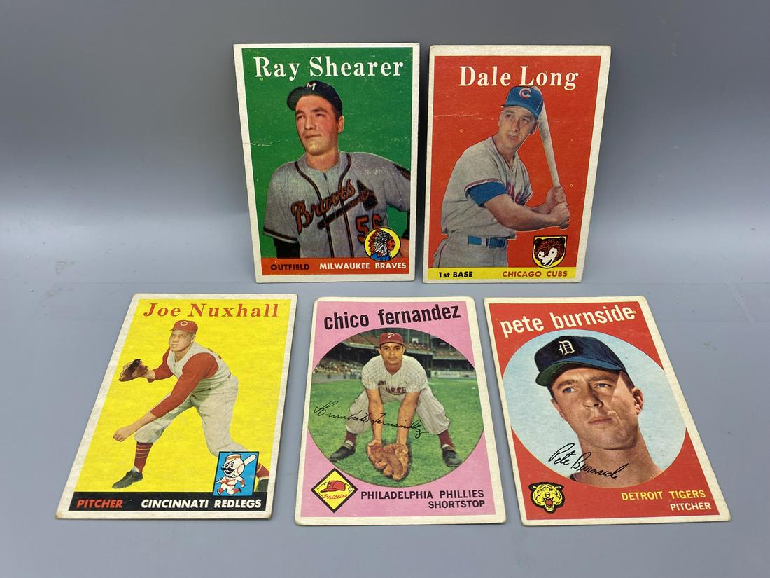 1958 Topps Ray Shearer #283, Dale Long #7, Joe Nuxhall #63 & 1959 Topps Chico Fernandez #452 & Pete (1 of 2)