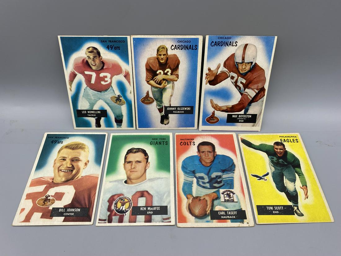 Lot of (7) 1955 Bowman Football Assorted Cards - Varying Conditions - Tom Scott Card Is Trimmed (1 of 2)