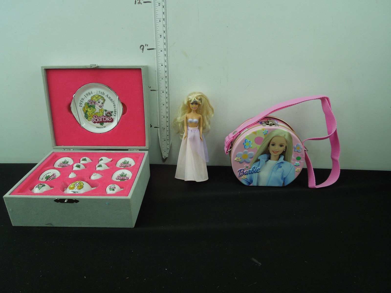 1984  25th Anniversary Barbie Miniture Tea Set , Metal Barbie Purse and 6" Barbie Doll (1 of 3)