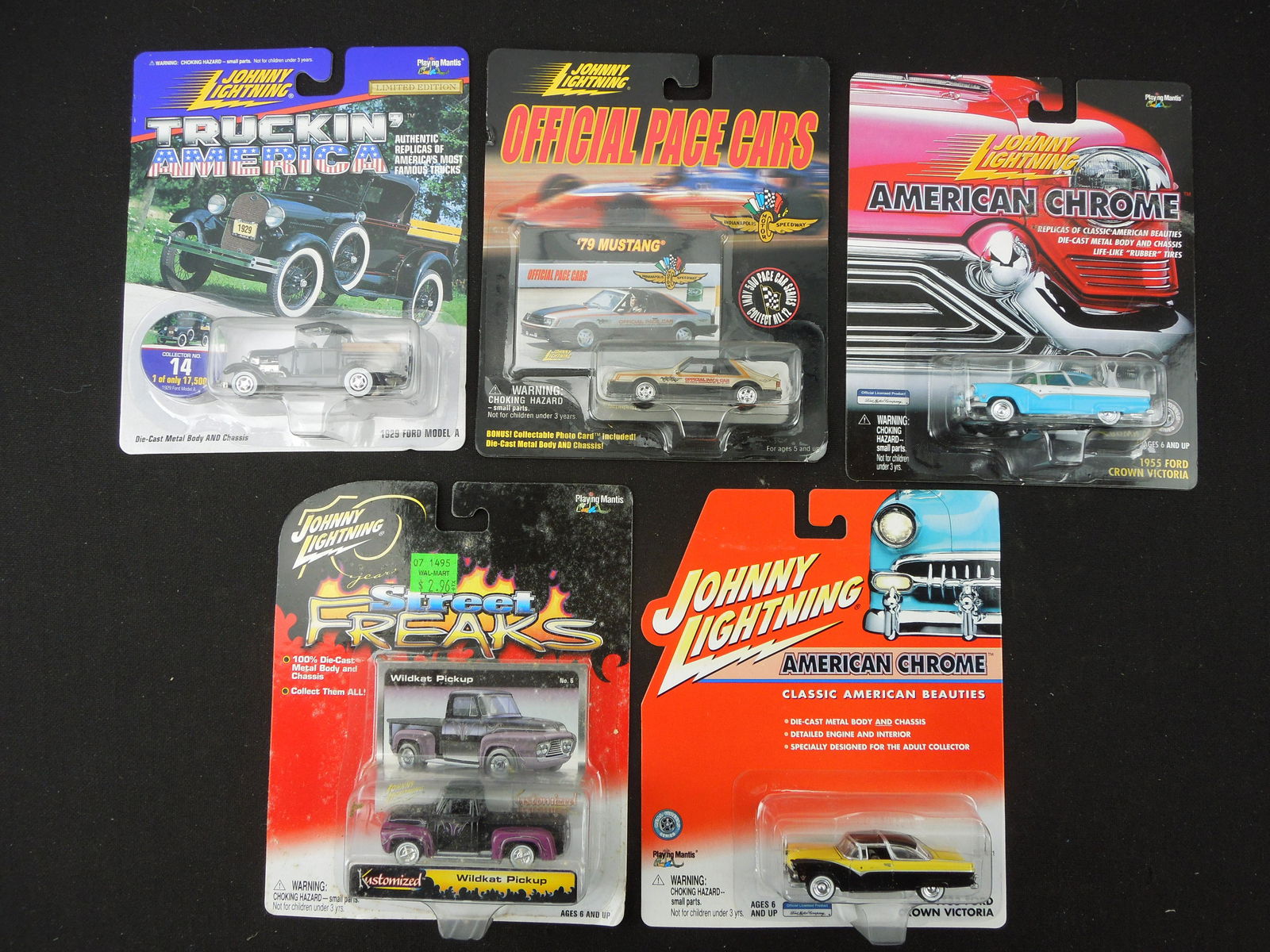 Lot of 5 Johhny Lightning; 2 American Chrome 1955 Crown Vics, Wildkat & Model A Pickups, & '79 (1 of 2)