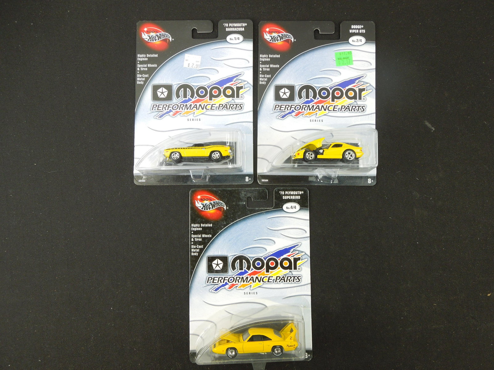Partial Set 100% Hot Wheels Mopar Performance Parts Series; '70 Superbird, '70 Barracuda, & Viper: Partial Set 100% Hot Wheels Mopar Performance Parts Series; '70 Superbird, '70 Barracuda, & Viper GTS (3 Cars)