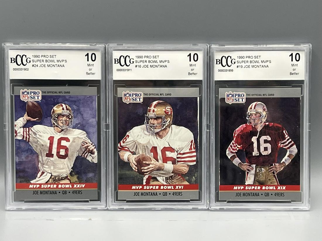 Lot of (3) Assorted 1990 Pro Set Super Bowl MVP's Joe Montana BCCG Mint 10s (1 of 2)