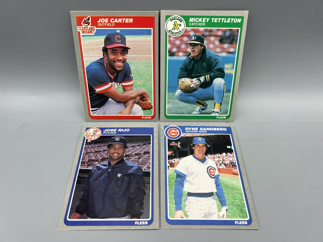 Lot of (4) Assorted 1985 Fleer Baseball Cards - Varying Conditions - Joe Carter, Ryne Sandberg, (1 of 2)