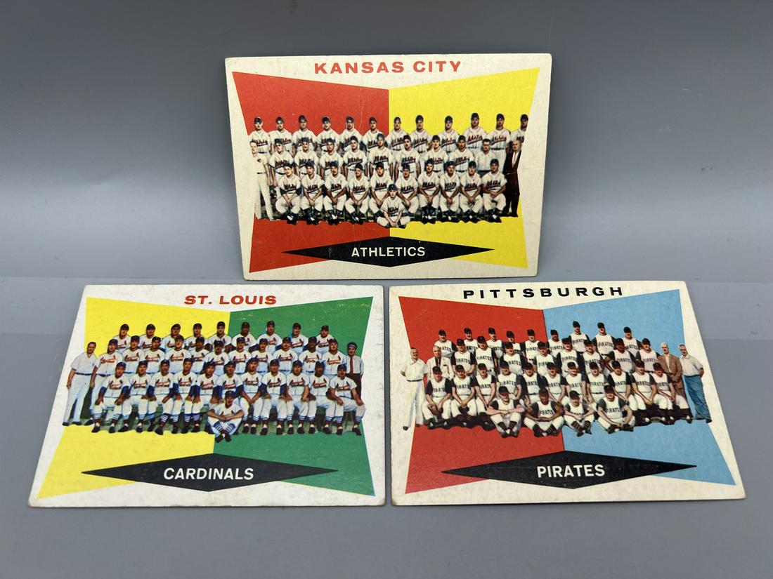 Lot of (3) Assorted 1960 Topps Baseball Team Cards - Varying Conditions - Athletics #413, Cardinals (1 of 2)