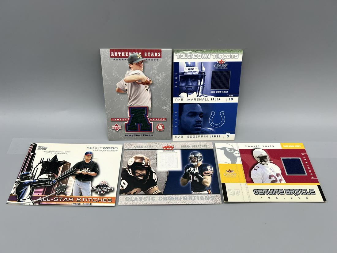Lot of (5) Sports Jersey/Relic Cards - Varying Conditions - Emmitt Smith, Marshall Faulk, Brian (1 of 2)
