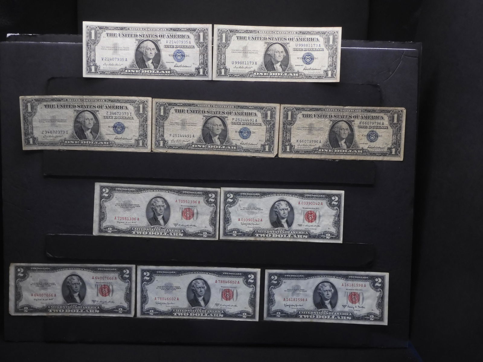 Five One Dollar Silver Certificates 1935-F, 1957 x4 & Five Red Seal Two Dollar Notes 1953- B x2 & (1 of 6)