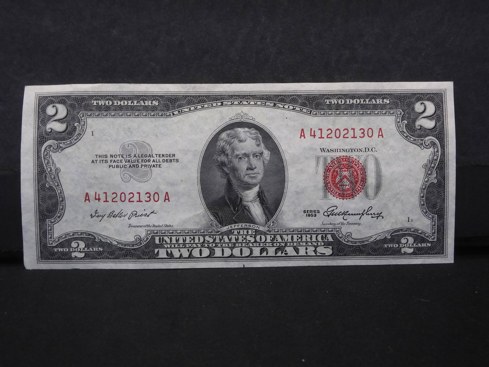 1953 (CRISP- A-BOOKENDS-RED SEAL), $2 DOLLAR BILL-70 YEARS OLD! (1 of 3)