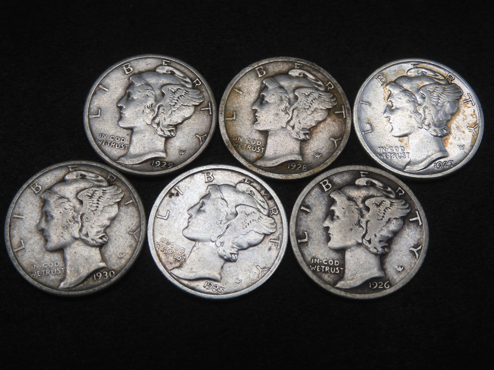 1925 1926 1927 1928 1929 1930 Mercury Head Dimes.  6 Coins. (1 of 2)