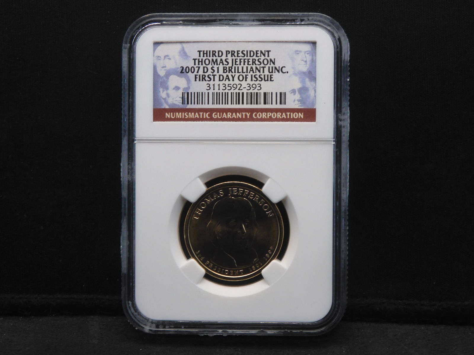 2007-D Thomas Jefferson Presidential Dollar - NGC BU 1st Day of Issue: 2007-D Thomas Jefferson Presidential Dollar - NGC BU 1st Day of Issue
