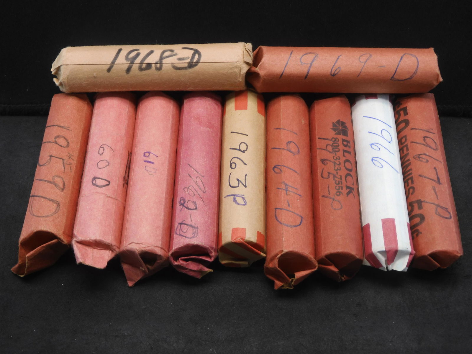 11 Rolls of Copper Lincoln Memorial Cents  - One Roll each 1959 to 1969 Some P&D Rolls - Spot (1 of 8)