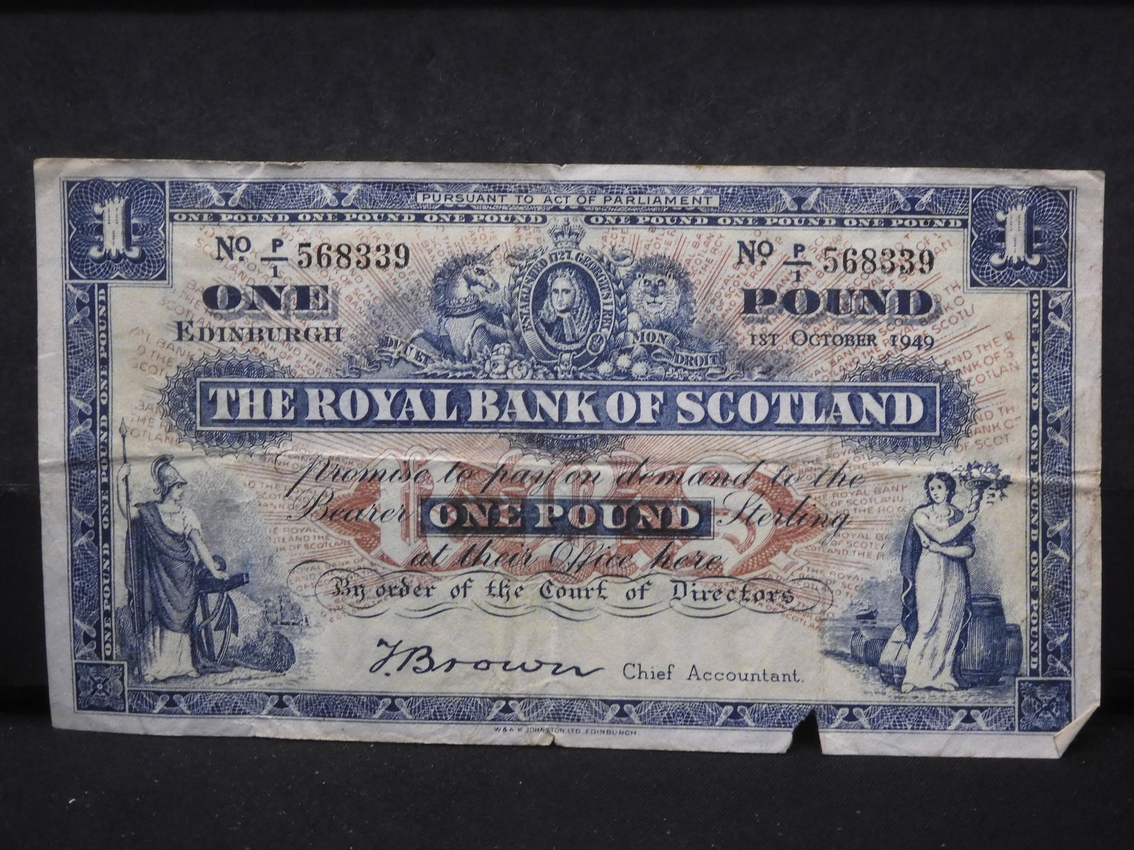 1949 Royal Bank Of Scotland 1 Pound Banknote.  Circulated.  Very Scarce. (1 of 3)