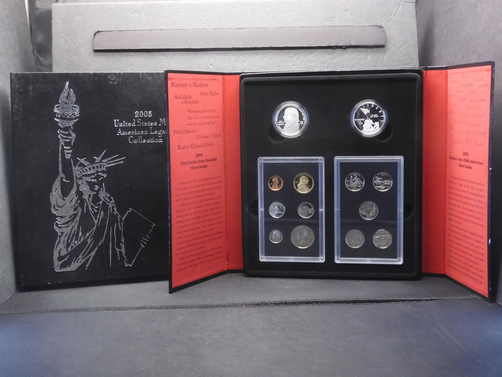 2005-S U.S. Mint American Silver Legacy Collection Contains P-Mint John Marshall Dollar And Marines: 2005-S U.S. Mint American Silver Legacy Collection Contains P-Mint John Marshall Dollar And Marines Dollar