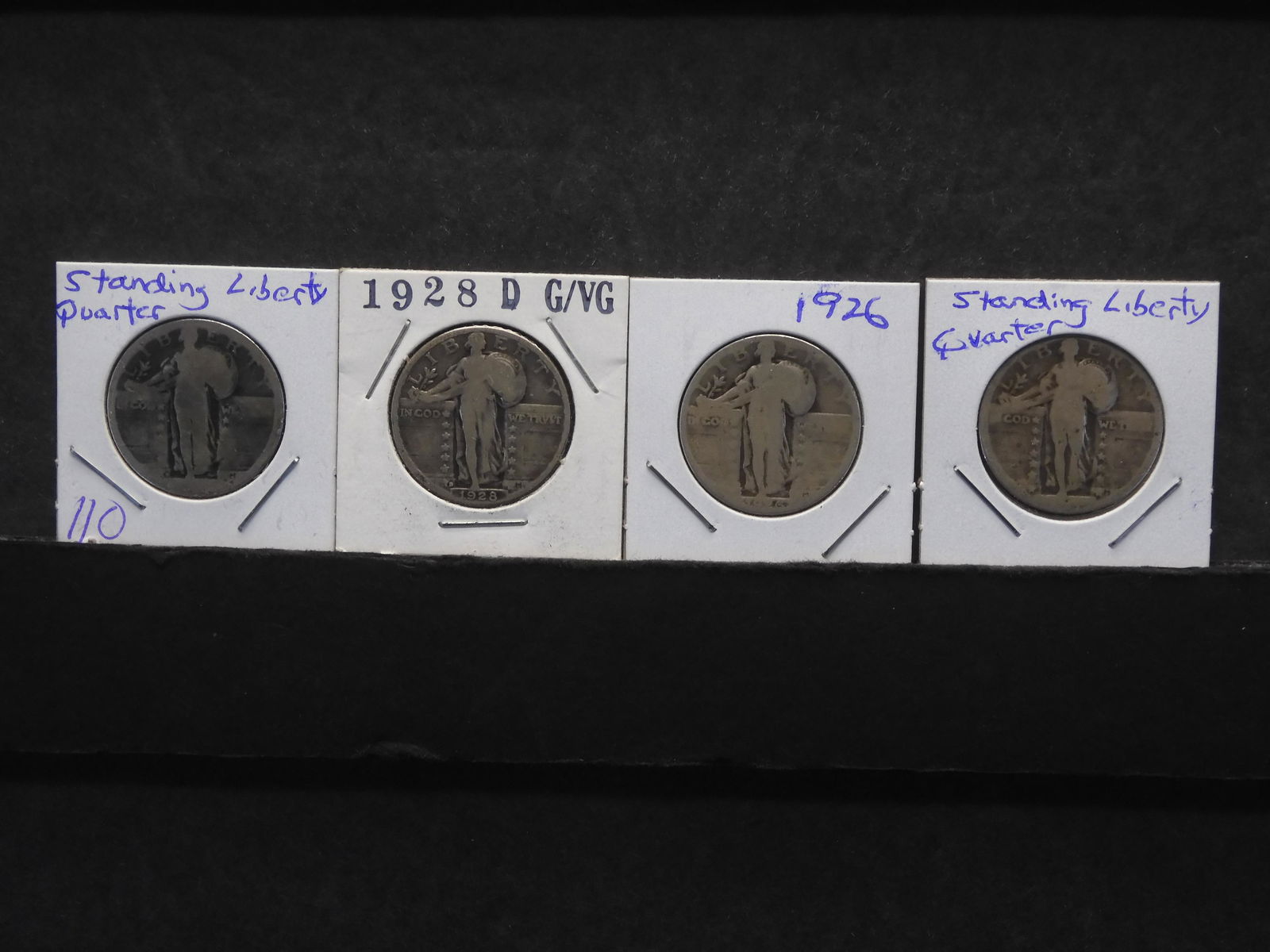 Four Standing Liberty Silver Quarters 1926, 1928-D, 19??-D, & No Date (1 of 5)