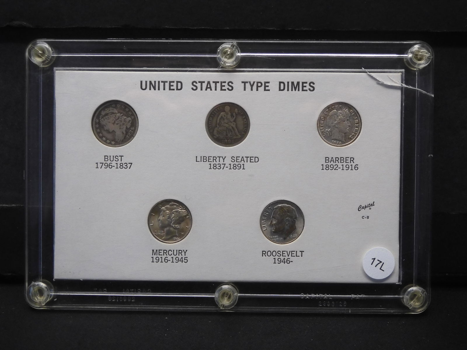 United States Type Dimes - 1835 Capped Bust Dime, 1891-O Seated Liberty Dime, 1914 Barber Dime, 1944 (1 of 5)