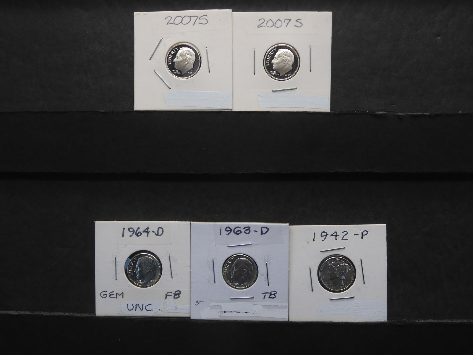 One 1942 Silver Mercury Dime  GEM UNC & Four Silver Roosevelt Dimes (2 Proofs) (1 of 7)