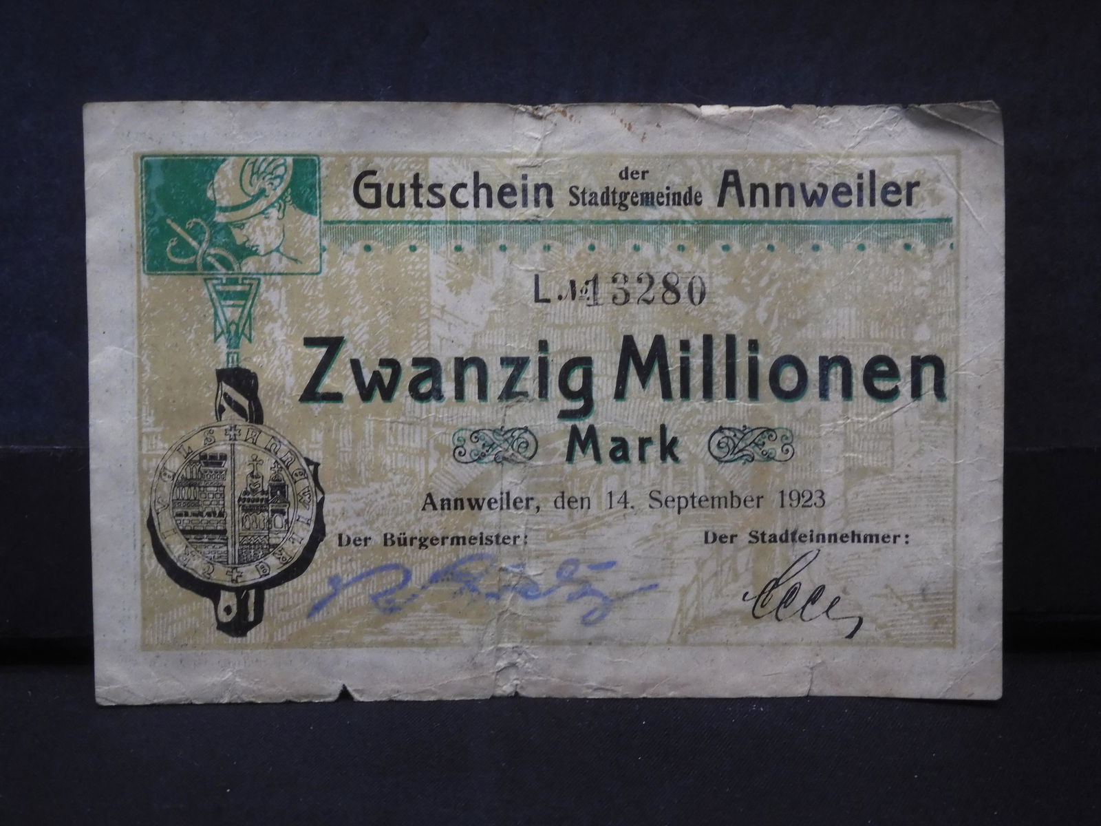 1923 German Zwanzig Millionen Mark Note (1 of 3)