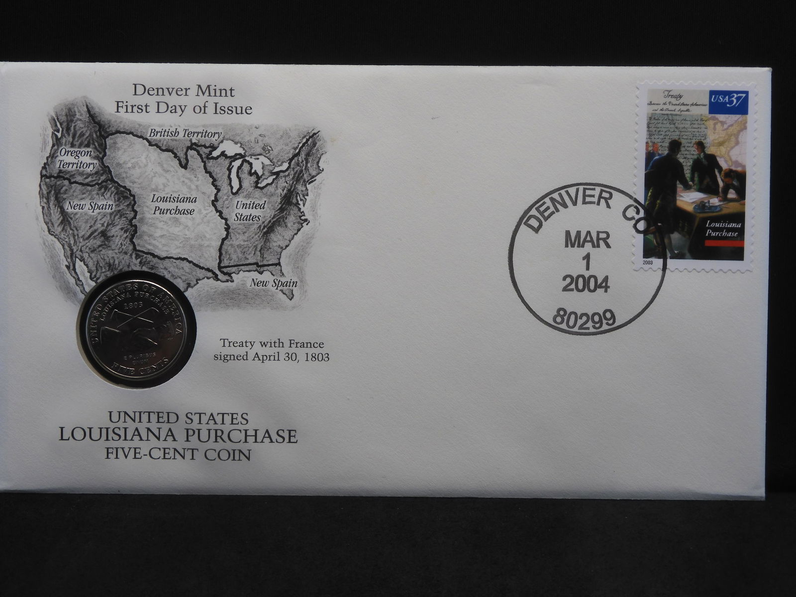 2004-D U.S. American LA Purchase Five-Cent Coin Denver Mint First Day Of Issue.  Postmarked March 1, (1 of 5)