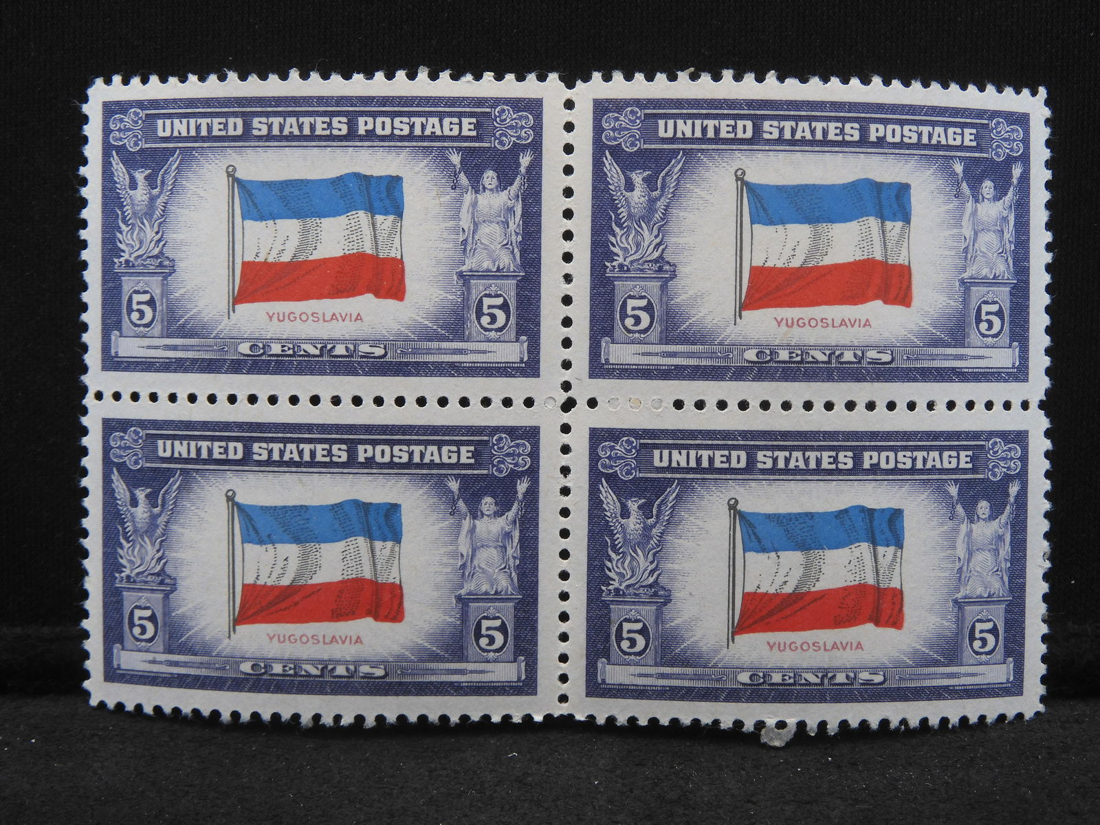 1943 Flag Of Yugoslavia 5-Cent Block Of 4 U.S. Stamps.  Scotts #765. (1 of 3)