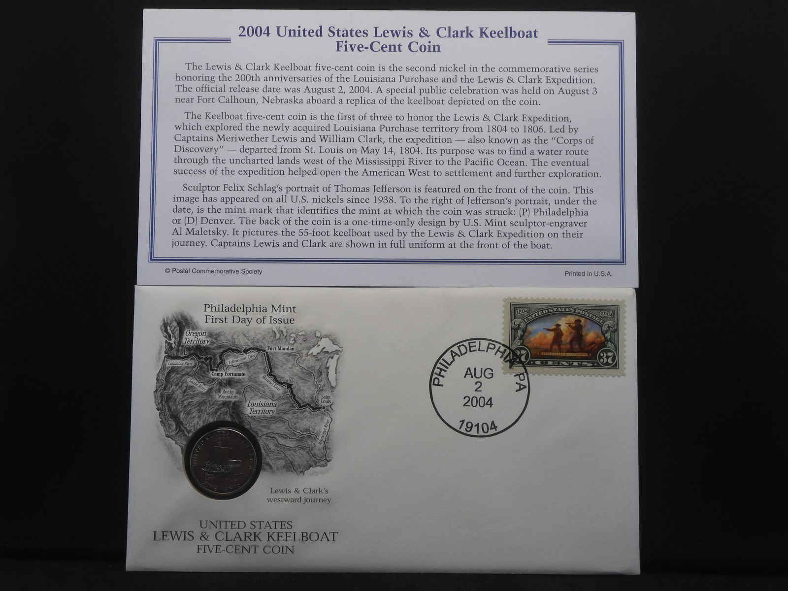 2004-P Lewis & Clark Keelboat Jefferson Nickel U.S. Philadelphia Mint First Day Of Issue, Postmarked (1 of 7)
