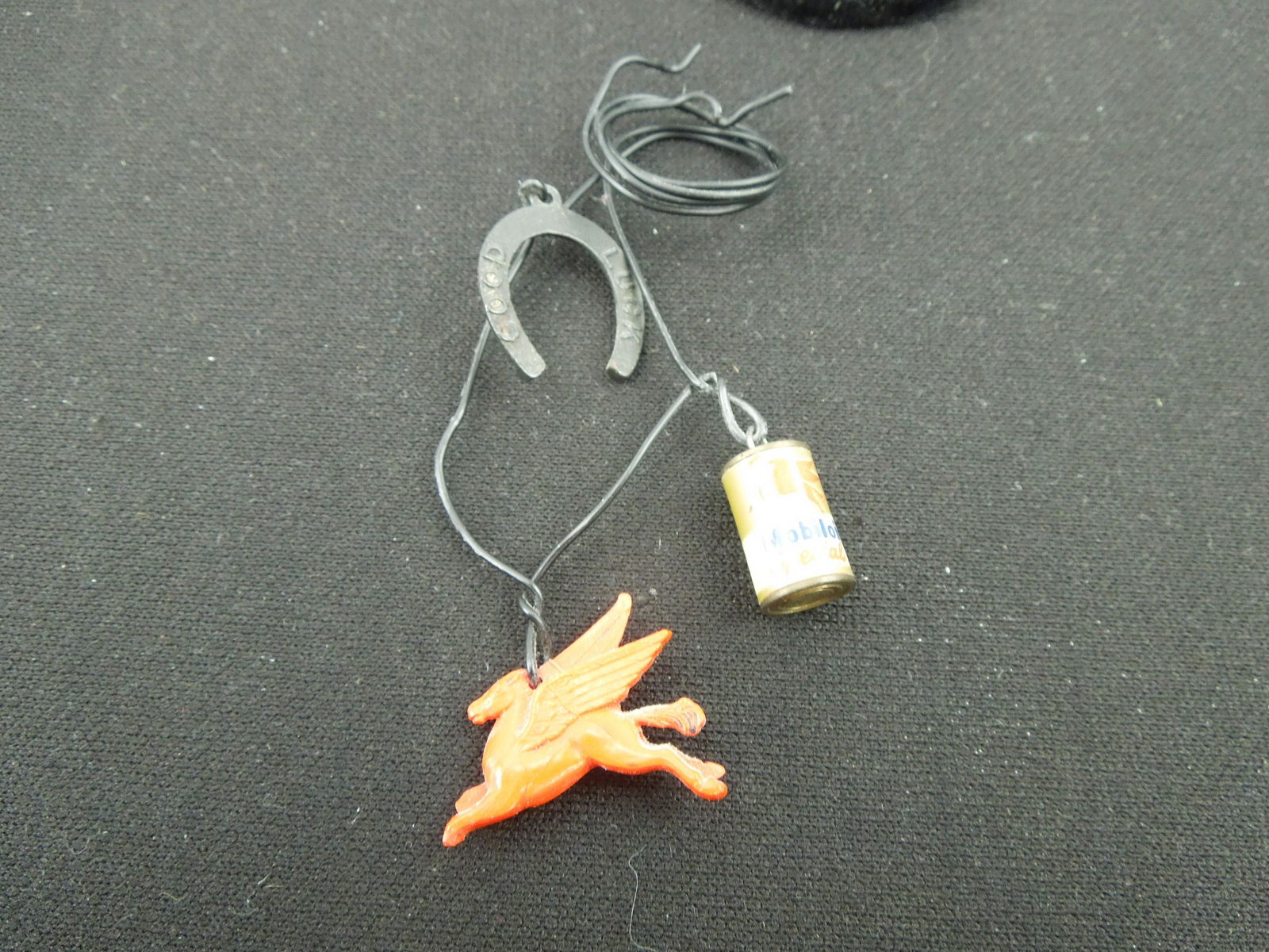 Lot of 3 Charms; Miniature Mobiloil Special Can, Mobil Pegasus, & Good Luck Horseshoe: Lot of 3 Charms; Miniature Mobiloil Special Can, Mobil Pegasus, & Good Luck Horseshoe