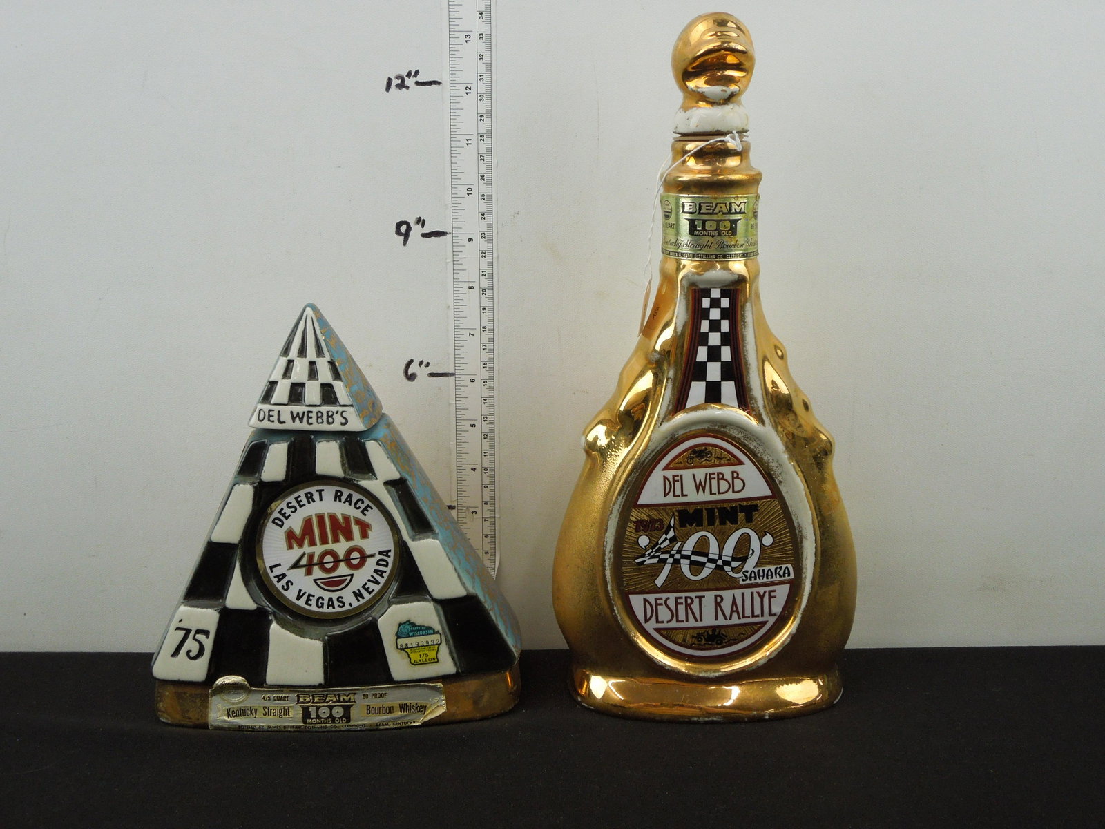 Two Mint 400 Desert Race Commemorative Whiskey Bottles; 1973 & 1975: Two Mint 400 Desert Race Commemorative Whiskey Bottles; 1973 & 1975