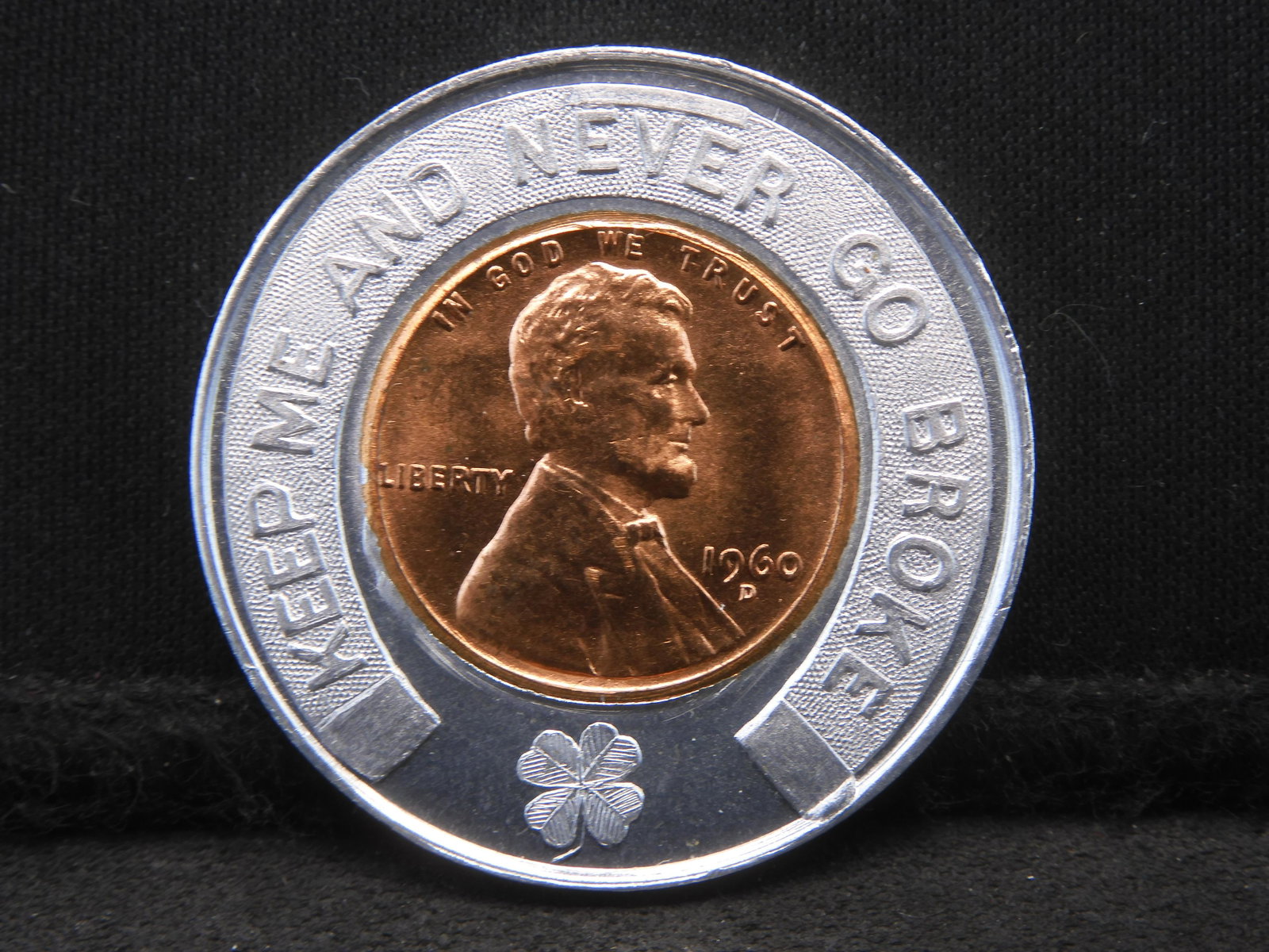 Encased Good Luck 1960-D Small Date Memorial cent. Hilda Sweeney, South Bend Indiana. Red BU.: Encased Good Luck 1960-D Small Date Memorial cent. Hilda Sweeney, South Bend Indiana. Red BU.