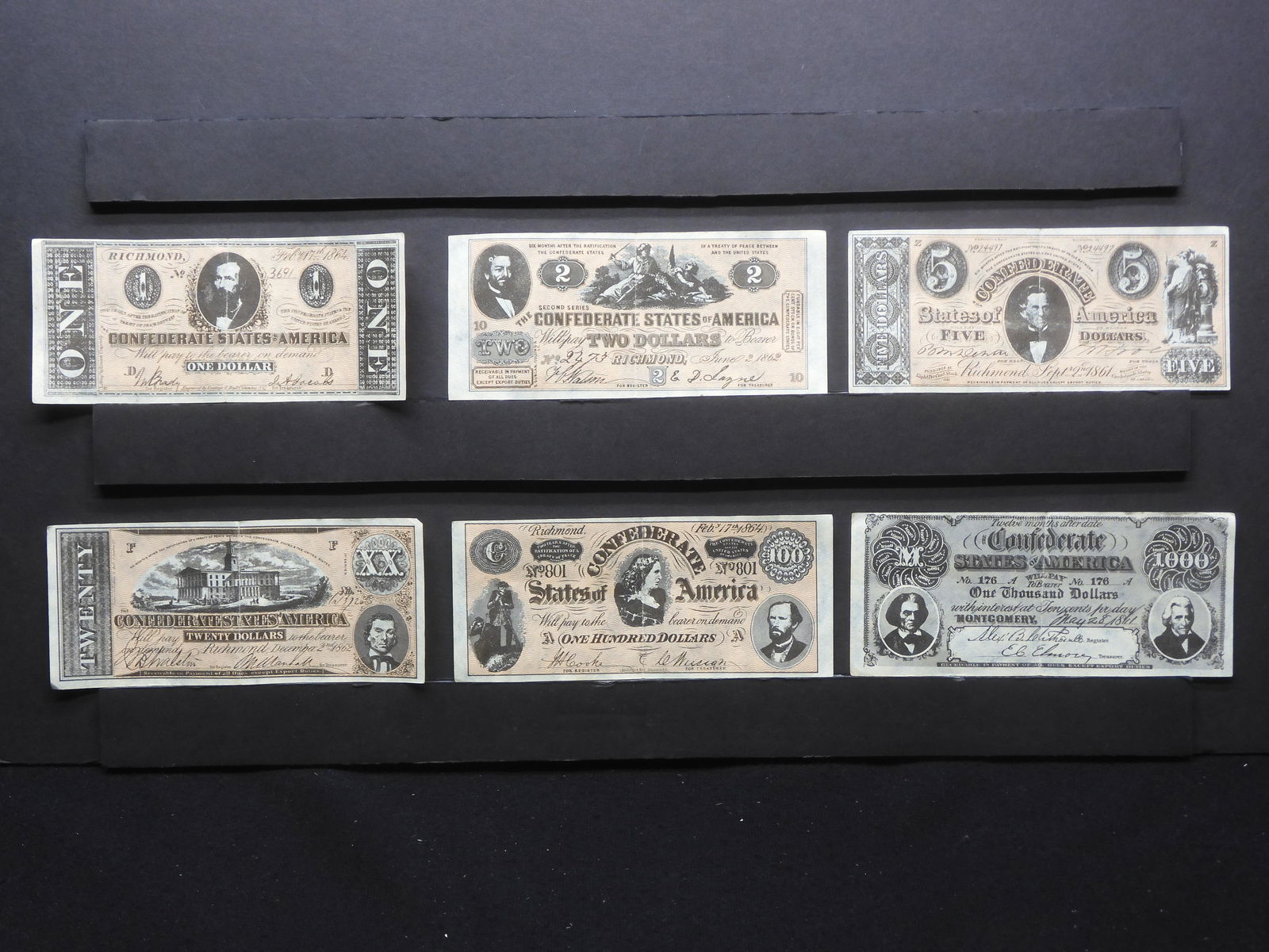 $1 $2 $5 $20 $100 $1,000 Reproduction Confederate States Of America Bank Notes. (1 of 8)