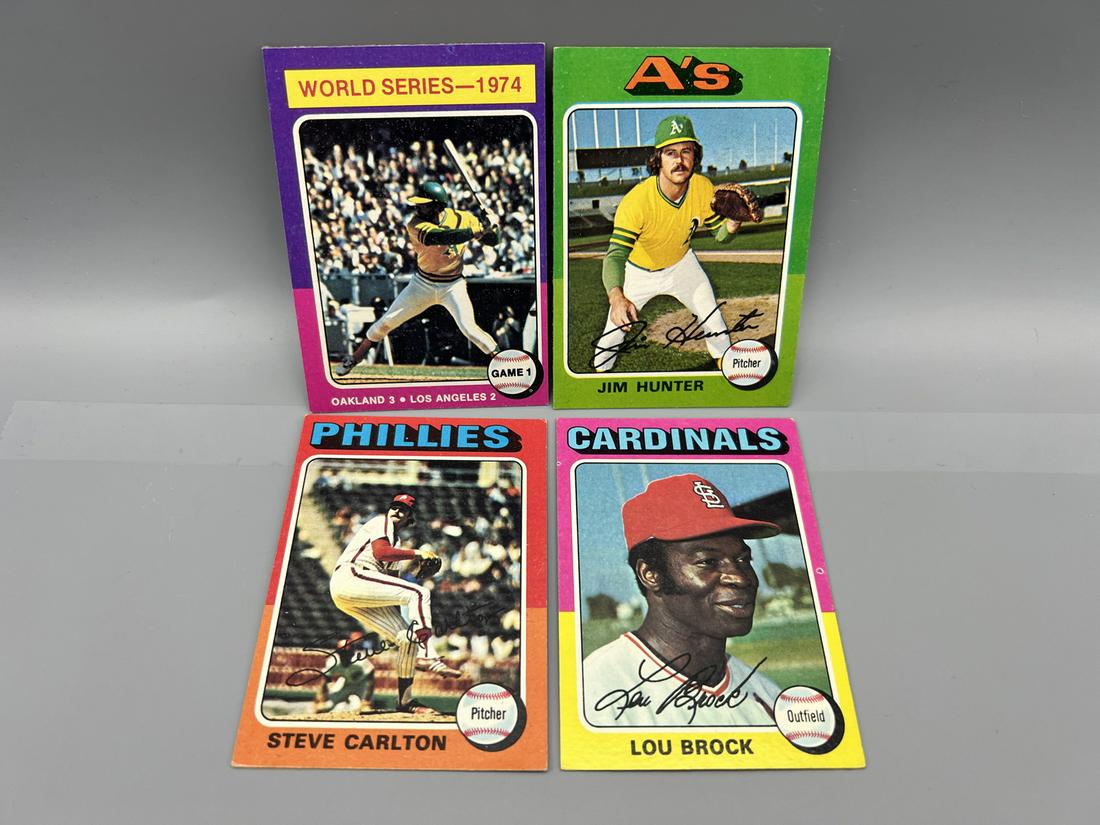 Lot of (4) 1975 Topps Baseball HOFers Brock #540, Carlton #185, Hunter #230 and Jackson WS card #461 (1 of 2)
