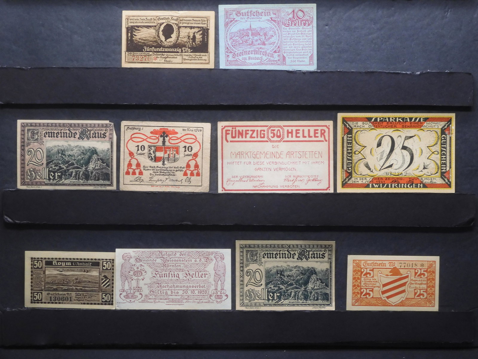 Lot Of 10 Different Austrian/German Notgeld Currency.  Circulated. (1 of 12)