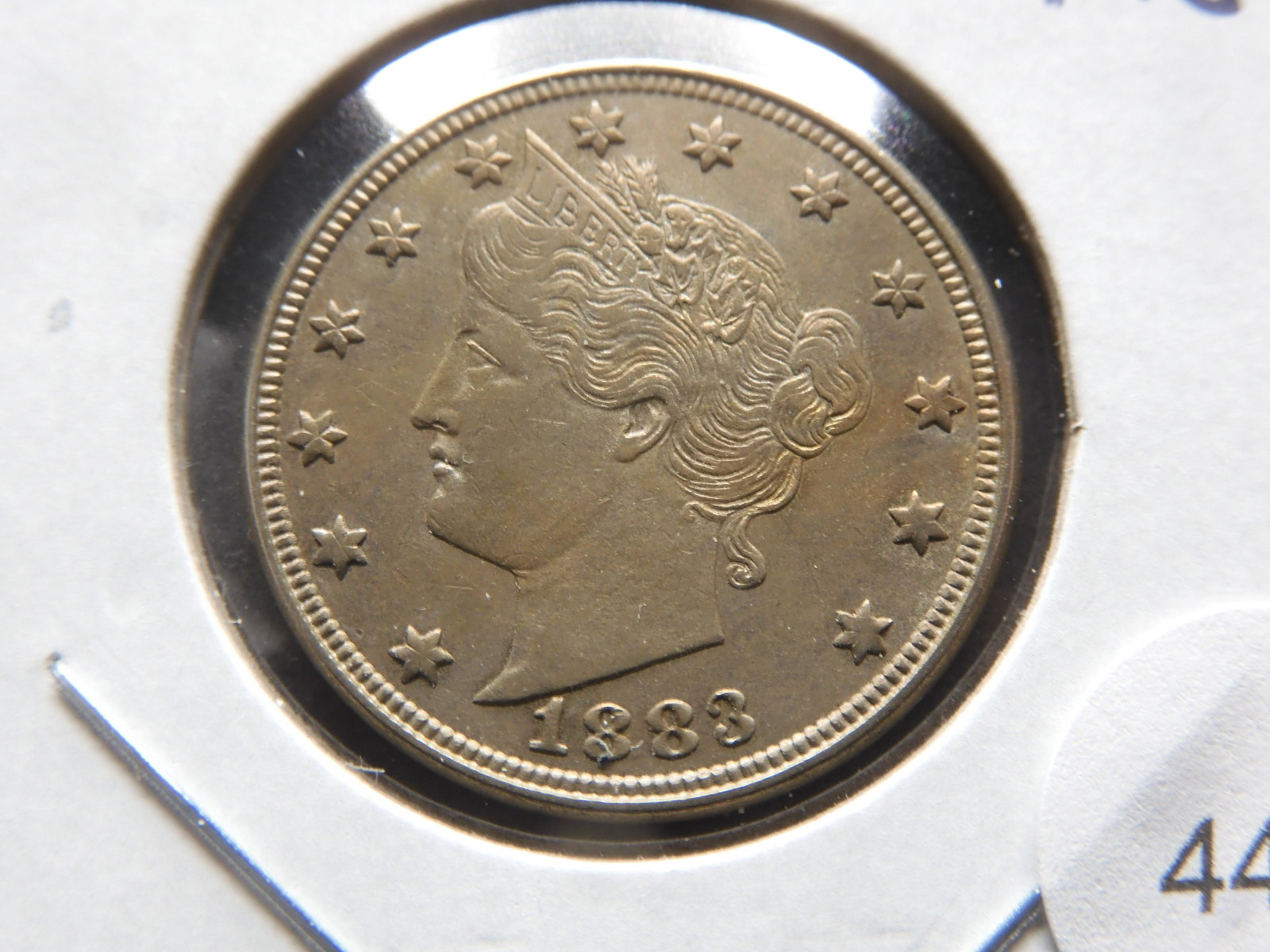 1883 No Cents Liberty "V" Nickel.  AU+. (1 of 3)