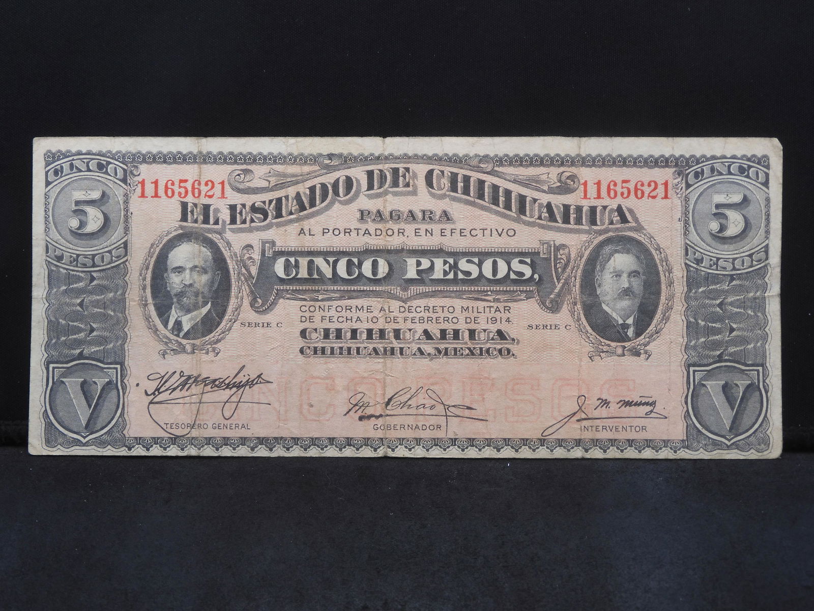 1914 Chihuahua, Mexico 5 Pesos Revolutionary War Issue Note. Portraits: Madero, Gonzalez.  REV: (1 of 5)