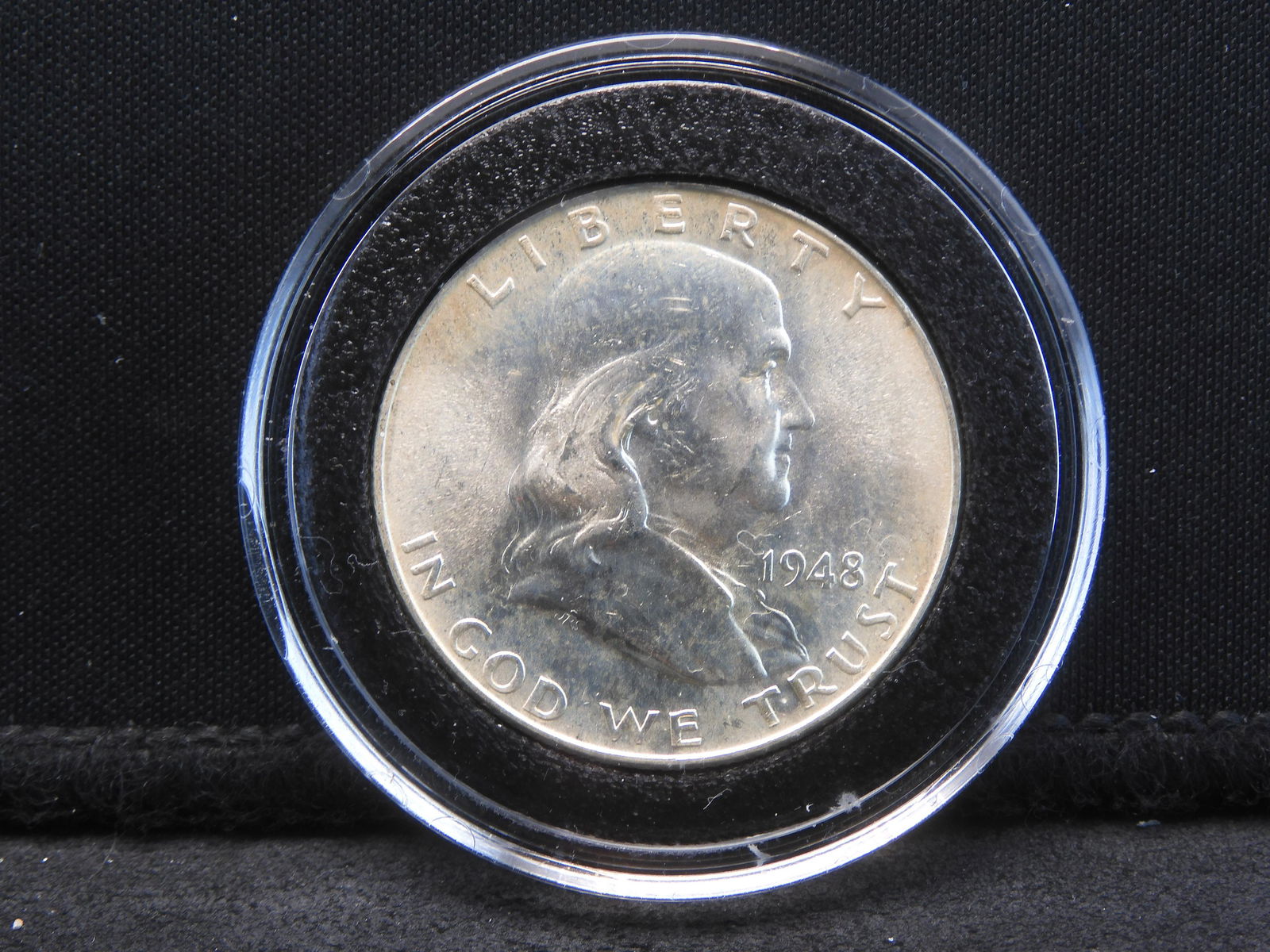 1948 Franklin Half Dollar. GEM BU in capsule with full bell lines.  From very old complete set. (1 of 3)