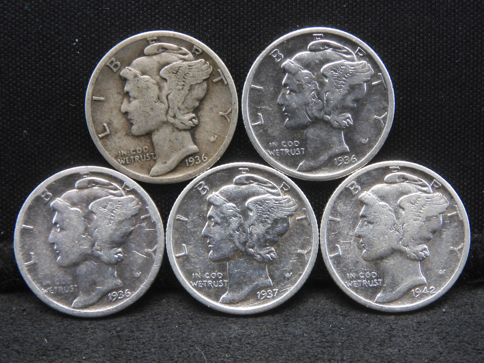 5 - 90% Silver Mercury Dimes 1936 x3, 1937-D, 1942-D (1 of 2)