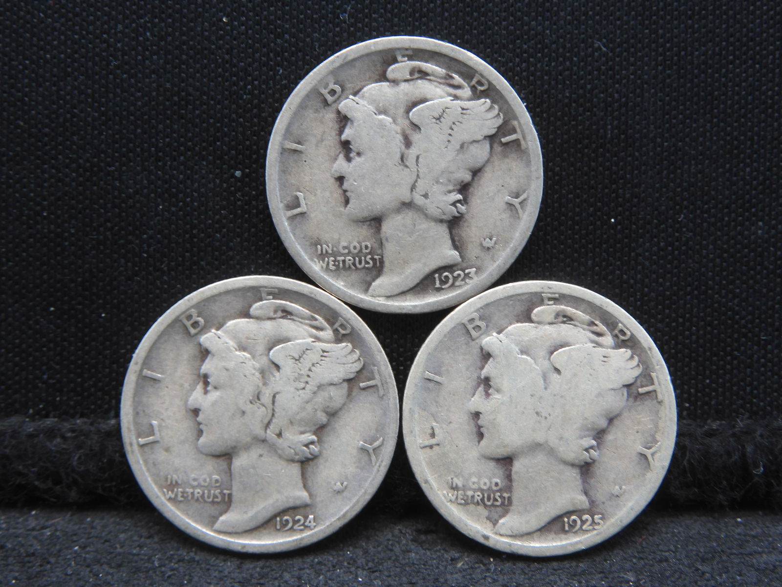 1923, 1924, 1925 Mercury Head Dimes.  3 Coins. (1 of 2)