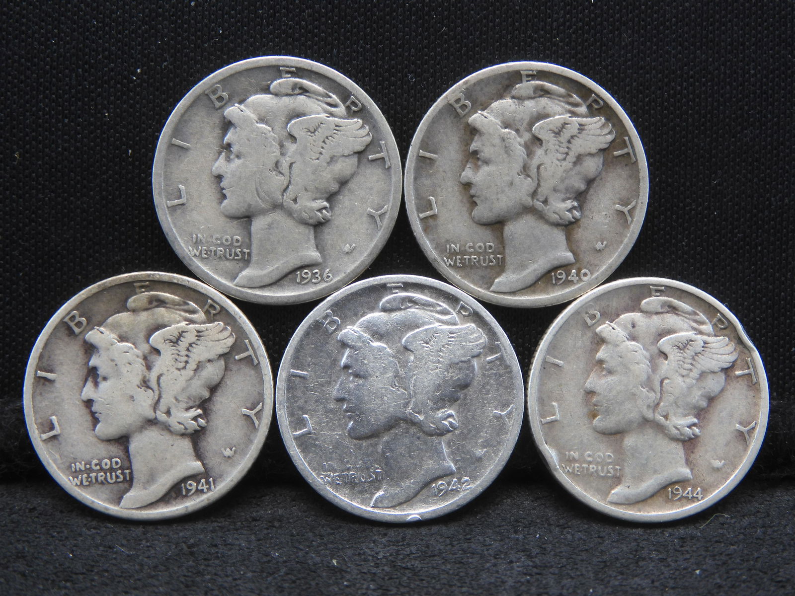 Five 90% Silver Mercury Dimes 1936, 1940-D, 1941, 1942-S, 1944 (1 of 2)