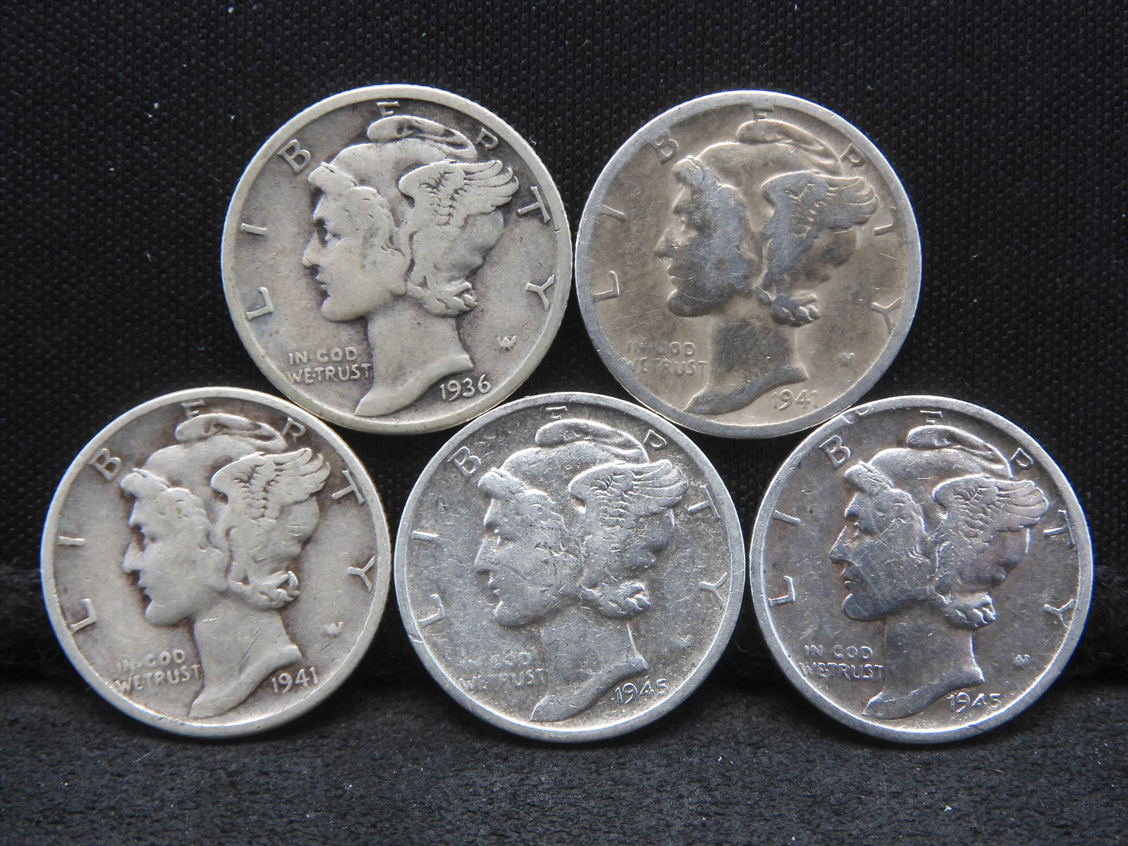 Five 90% Silver Mercury Dimes 1936, 1941 P&S, 1945-S x2 (1 of 2)