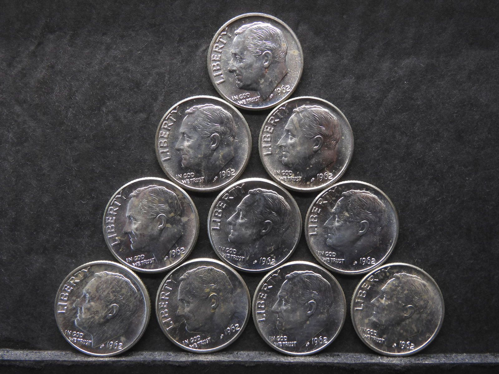 9 1962-D Silver UNC. Roosevelt Dimes (1 of 2)