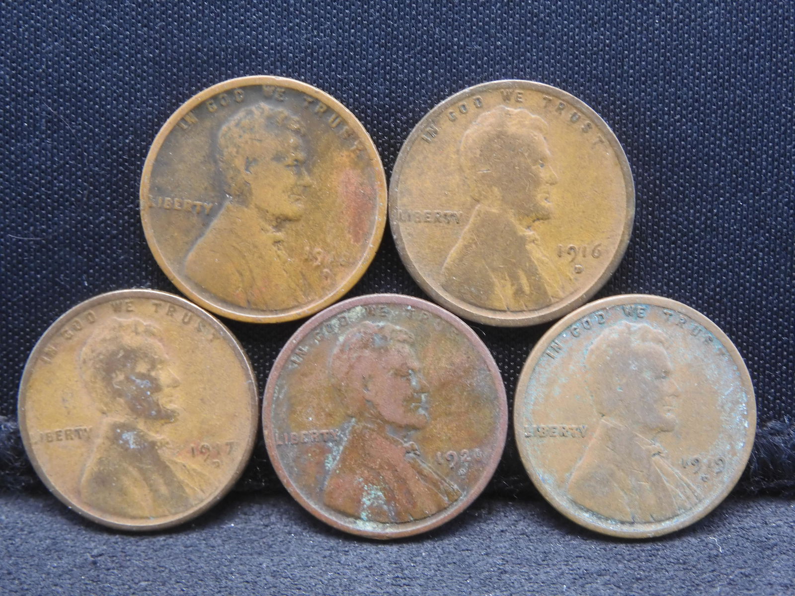 1916-D 1917-D 1918-D 1919-D 1920-D Lincoln Head Wheat Cents.  5 Coins. (1 of 2)