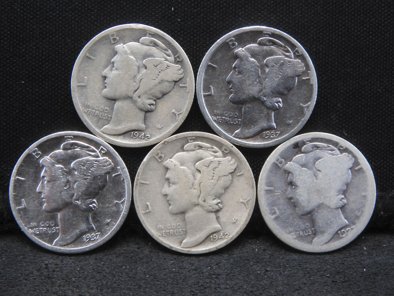 (5) Mercury Dimes  (2) 1937, (2) 1942, (1) 1927 (1 of 2)
