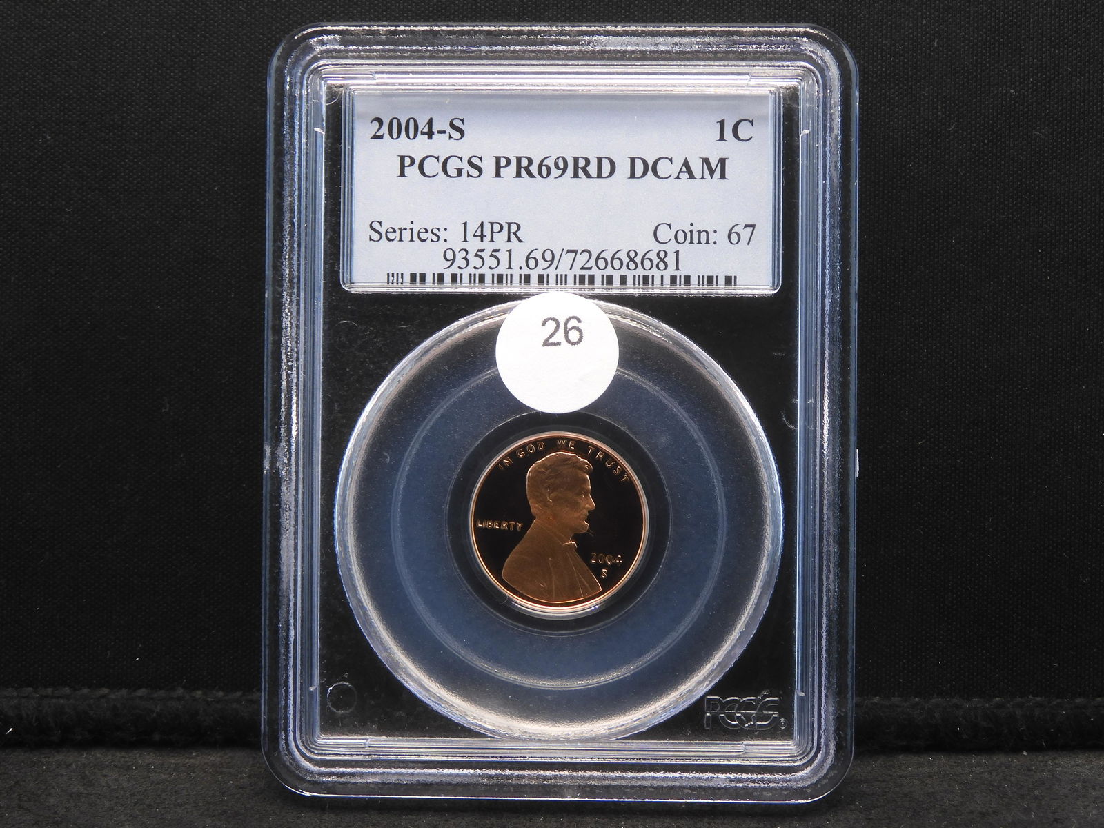 2004-S Lincoln, slabbed by PCGS (#1 grader) as Proof 69 Red, Deep Cameo. (1 of 4)