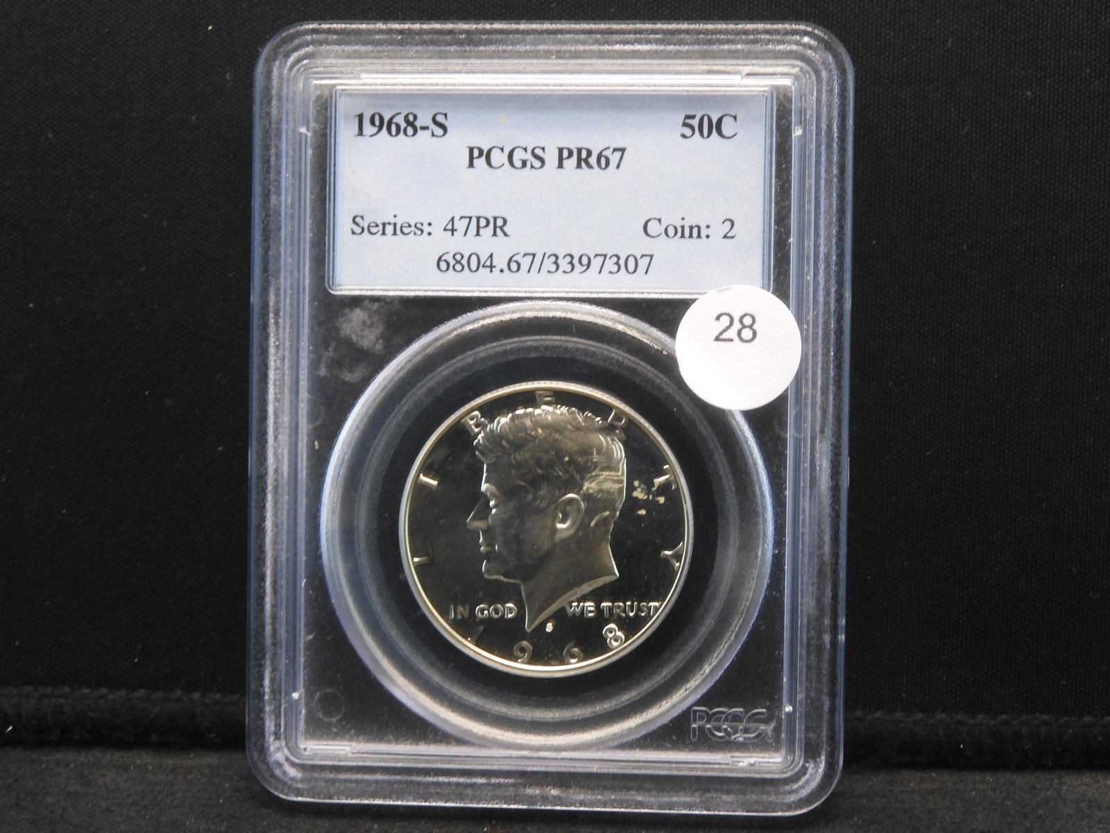 1968-S Kennedy, slabbed by PCGS (#1 grader) as Proof 67.: 1968-S Kennedy, slabbed by PCGS (#1 grader) as Proof 67.
