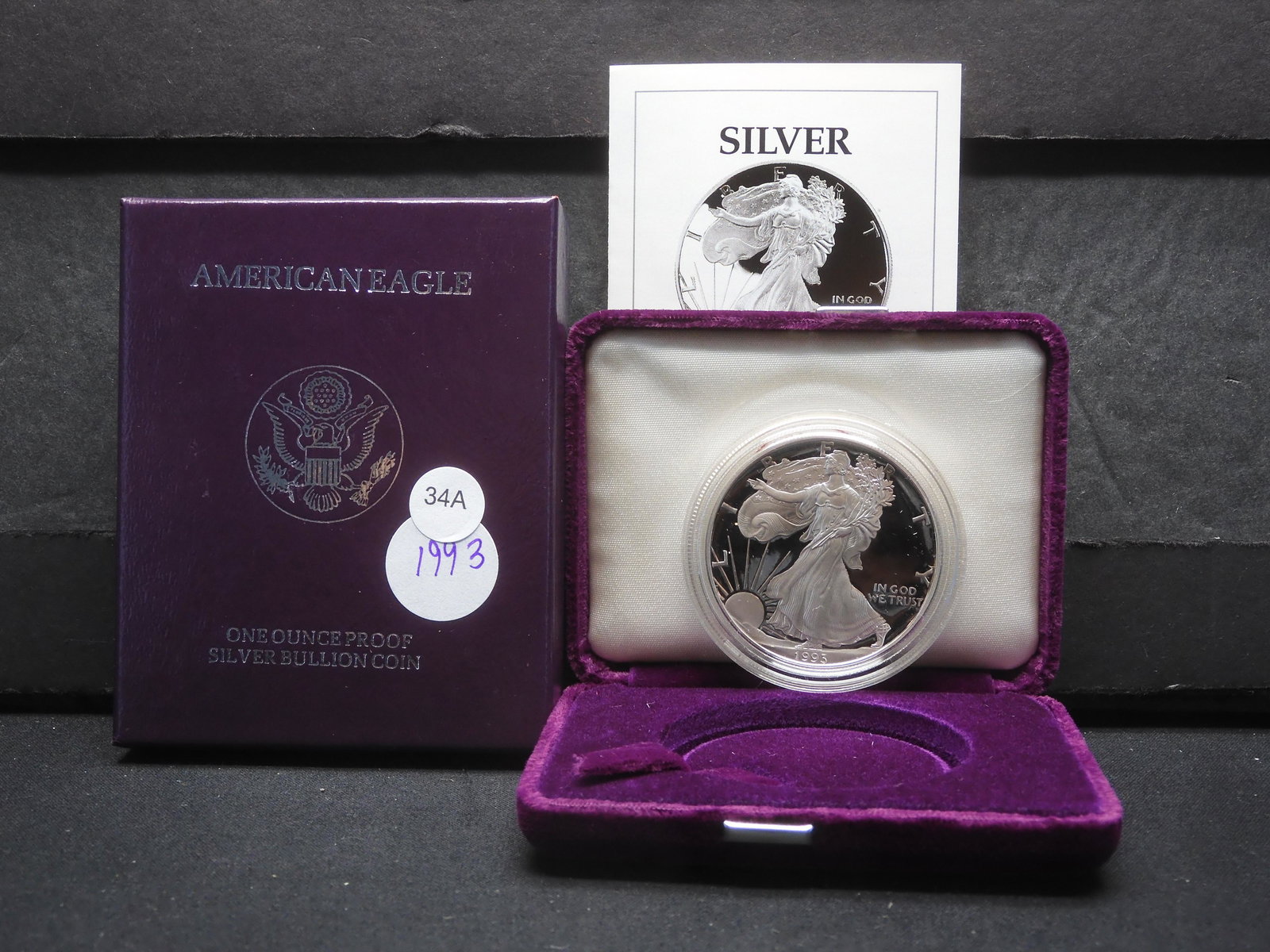 1993 -P Proof American Silver Eagle .999 Fine Silver One Troy Ounce w/Box & COA (1 of 4)