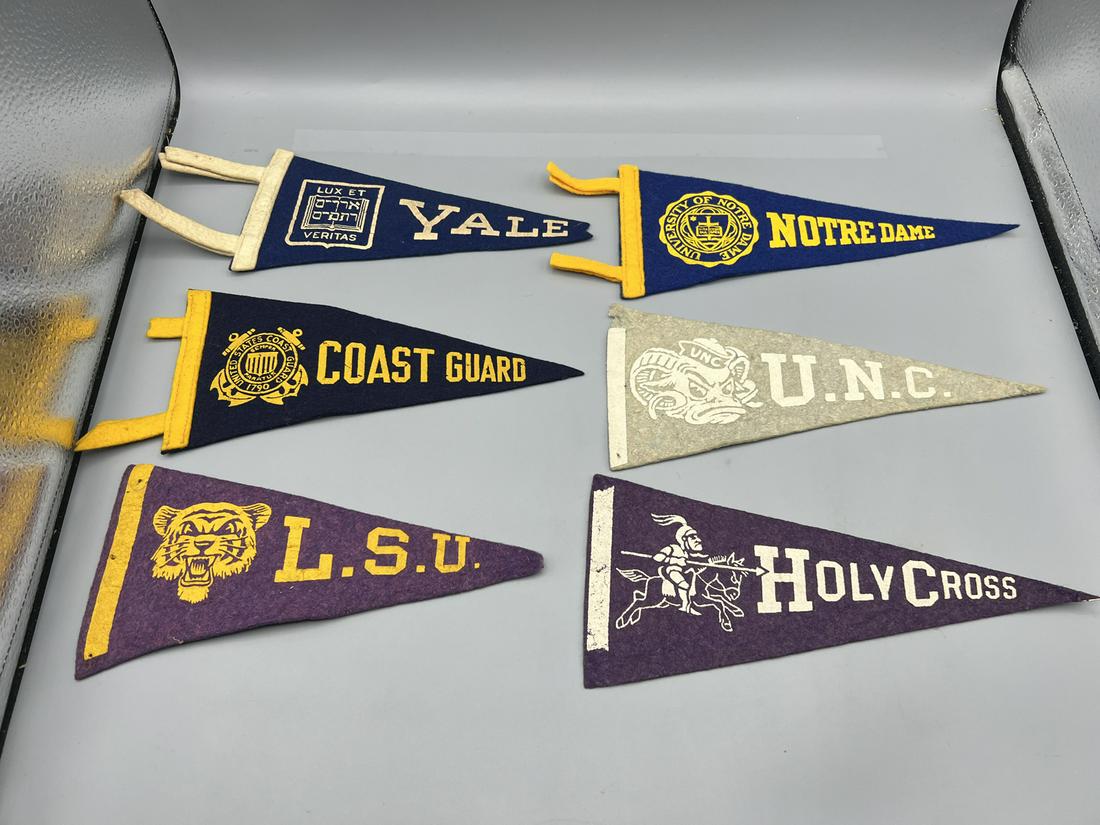Lot of (6) Vintage College Felt Mini Pennants - Yale, Coast Guard, Notre Dame, UNC, LSU, Holy Cross: Lot of (6) Vintage College Felt Mini Pennants - Yale, Coast Guard, Notre Dame, UNC, LSU, Holy Cross