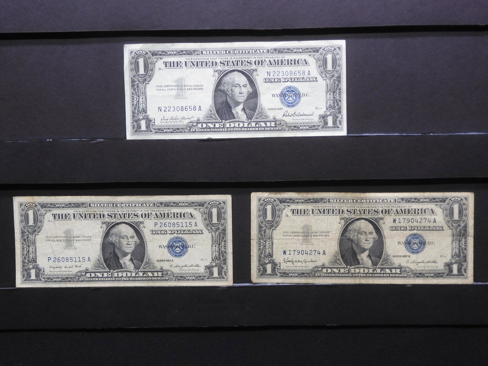 1957 1957-A 1957-B $1 Blue Seal Silver Certificates. Bust Of George Washington.: 1957 1957-A 1957-B $1 Blue Seal Silver Certificates. Bust Of George Washington.