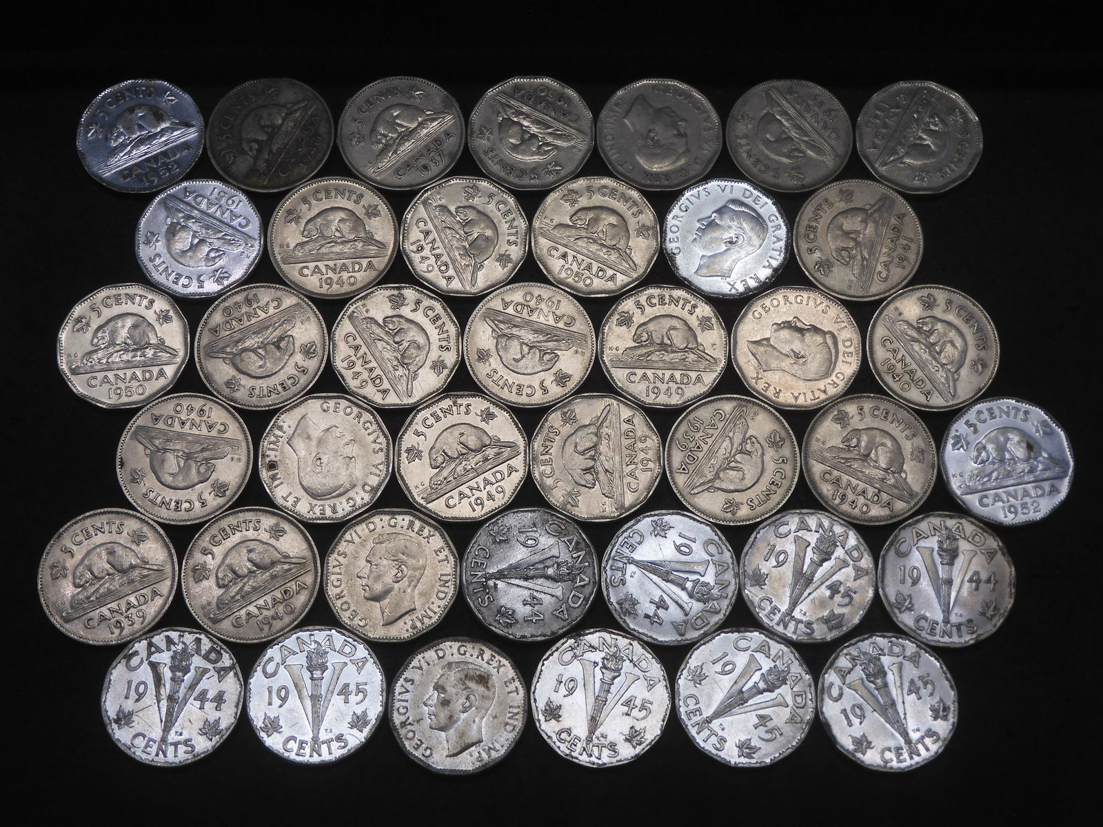 Roll Of 40 Mixed Date Canada 5 Cents, Circa 1937-1942.  George VI Portrait. (1 of 3)