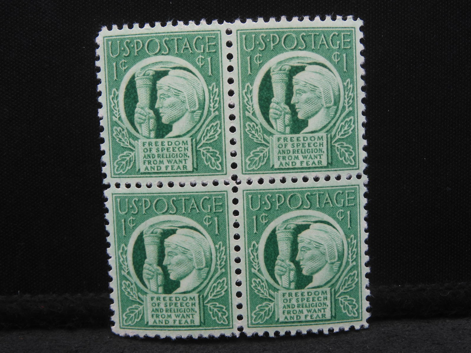 1943 Freedom Of Speech And Religion Series Of 1-Cent Block Of 4 U.S. Stamps.  Scotts #908. (1 of 2)