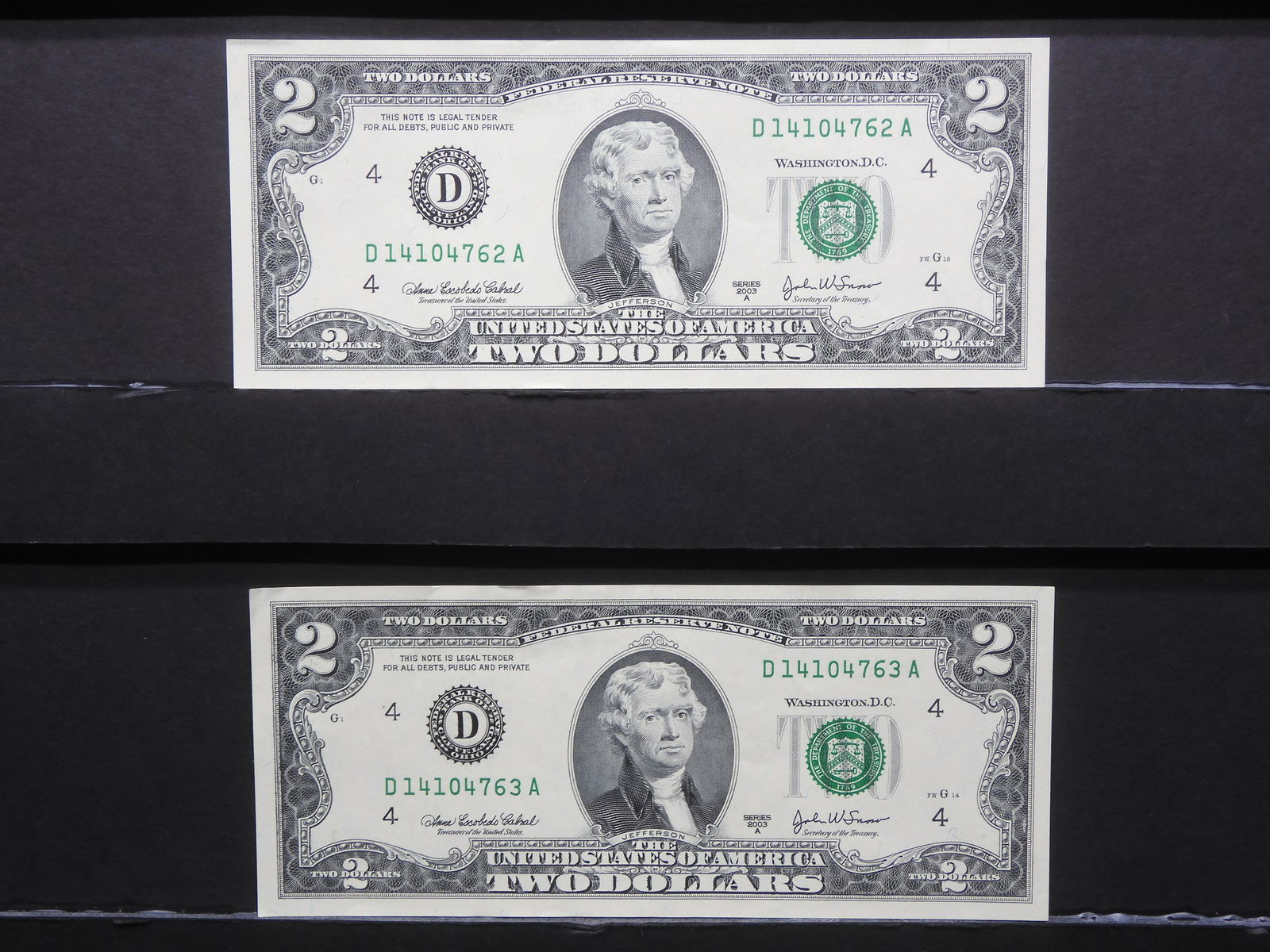 (2) 2003 A Two Dollar FRN Consecutive Numbers (1 of 7)