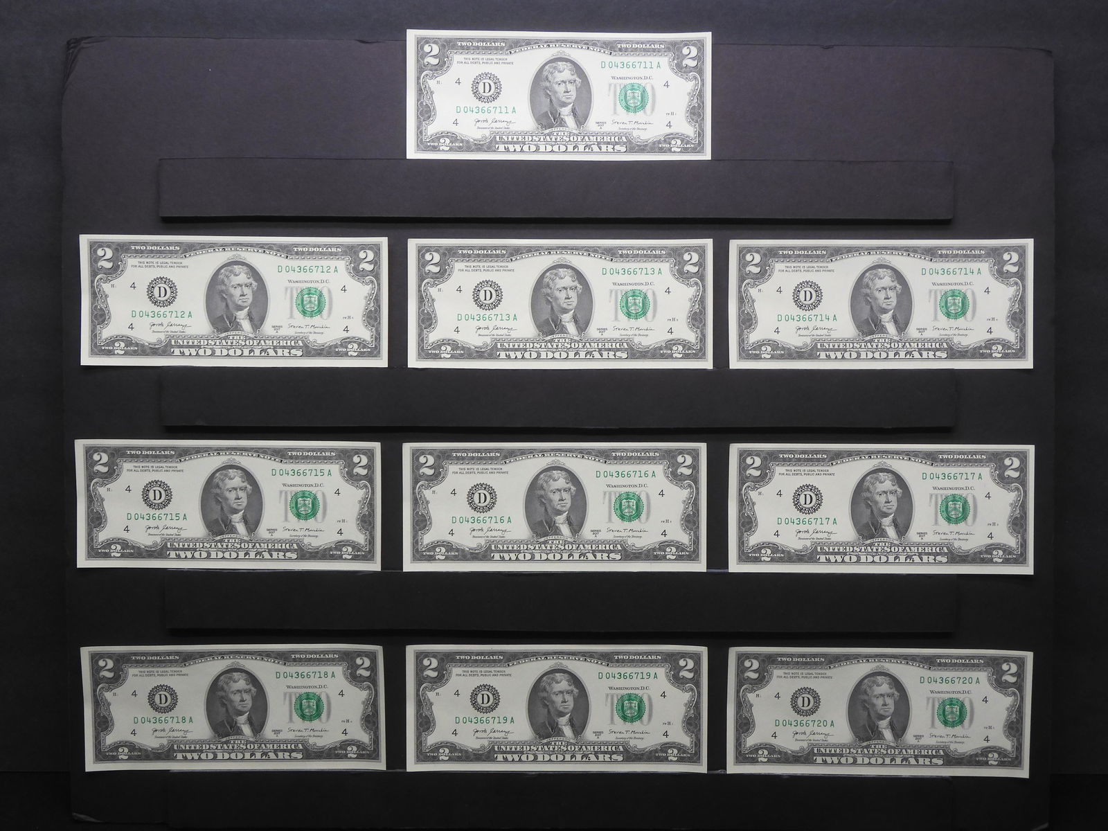 (10) 2007 A $2 Notes.  Consecutive serial #s.  Choice/GEM CU. (1 of 11)