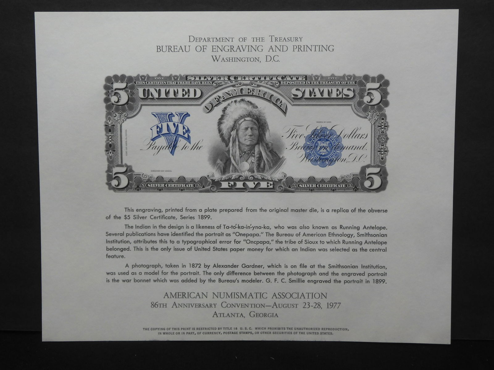 Dept. of Treasury Bureau of Engraving & Printing - ANA 1977 - 1899 $5 Silver Cert Replica (1 of 3)