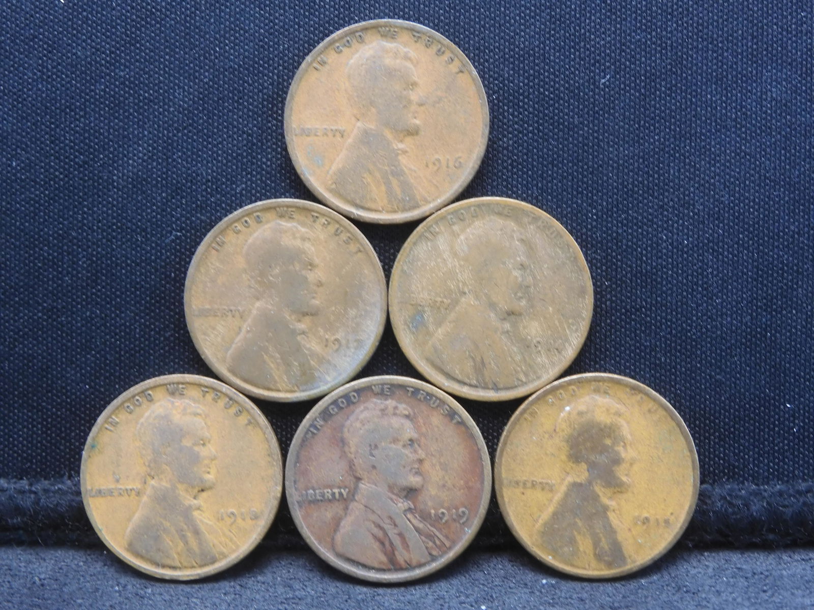 1914 1915 1916 1917 1918 1919 Lincoln Head Wheat Cents. 6 Coins. (1 of 2)